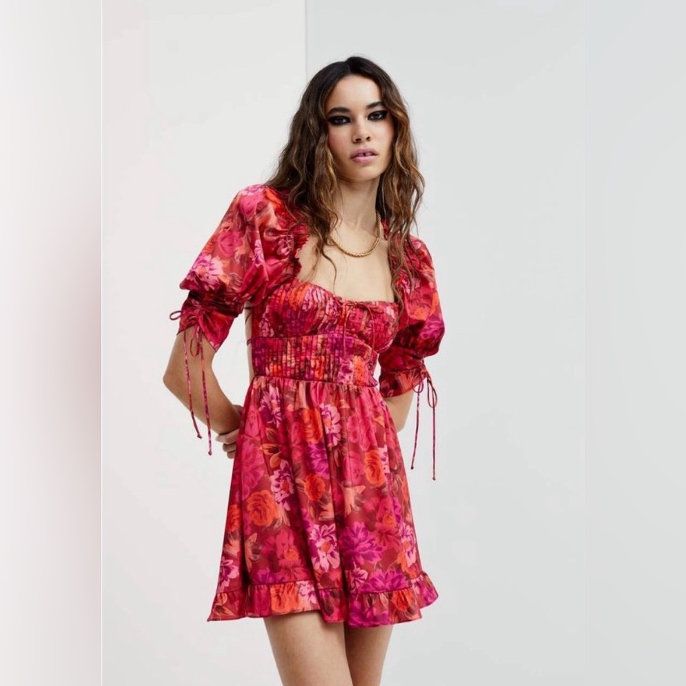 NEW For Love & Lemons Alia Mini Dress Corset Bow Floral Red, M (also fits S)